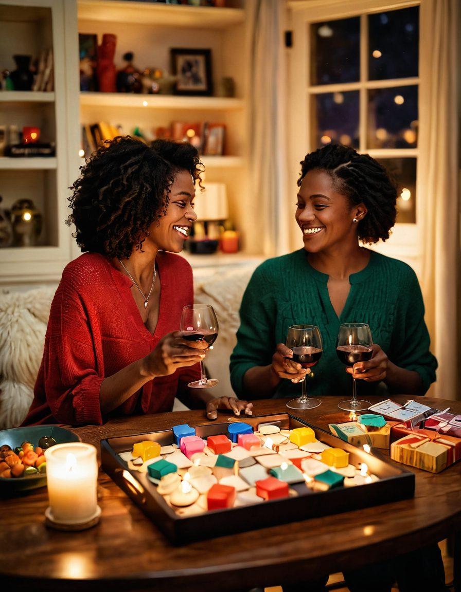 A vividly depicted scene showcasing a cozy, intimate game night for couples. The image features a beautifully arranged table with colorful game boxes, wine glasses, and flickering candles casting warm light. Silhouettes of partners laughing and engaging in playful activities in the background. Lush textures and inviting colors enhance the mood of sensuality and passion. soft-focus. vibrant colors. intimate atmosphere.