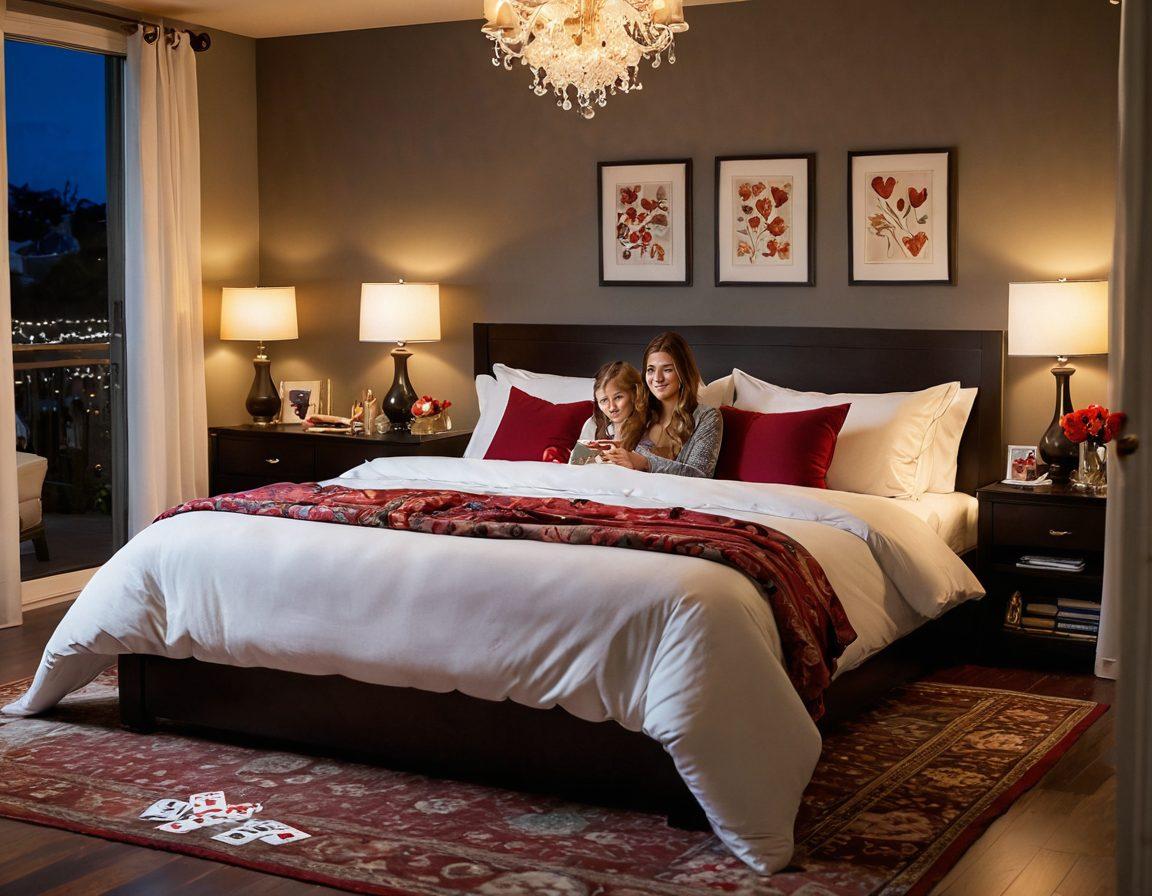 A cozy bedroom setting illuminated by soft, romantic lighting, featuring a couple engaging in a fun and flirty game on a large bed adorned with luxurious pillows and plush blankets. Incorporate playful items like a deck of cards and colorful game pieces, while maintaining an atmosphere of intimacy and excitement. Subtle floral decorations and a glass of wine nearby enhance the romantic vibe. super-realistic. warm tones. soft focus.